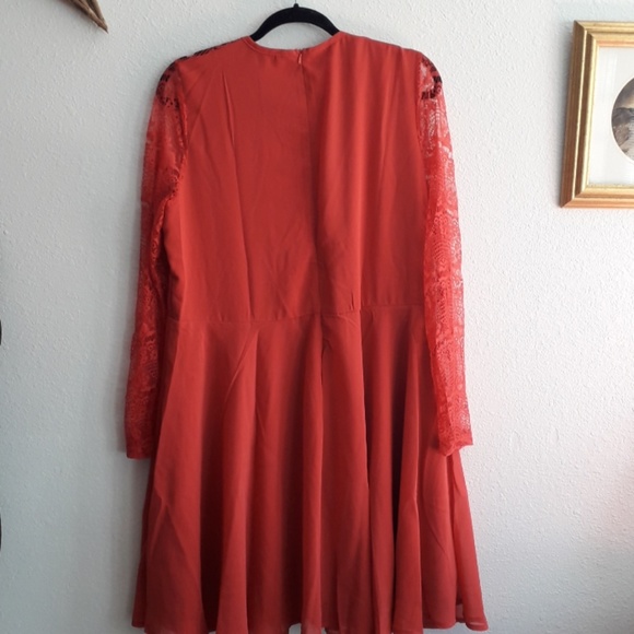 Coral Lace Yoke and Sleeve Lined Chiffon Dress - Picture 7 of 8
